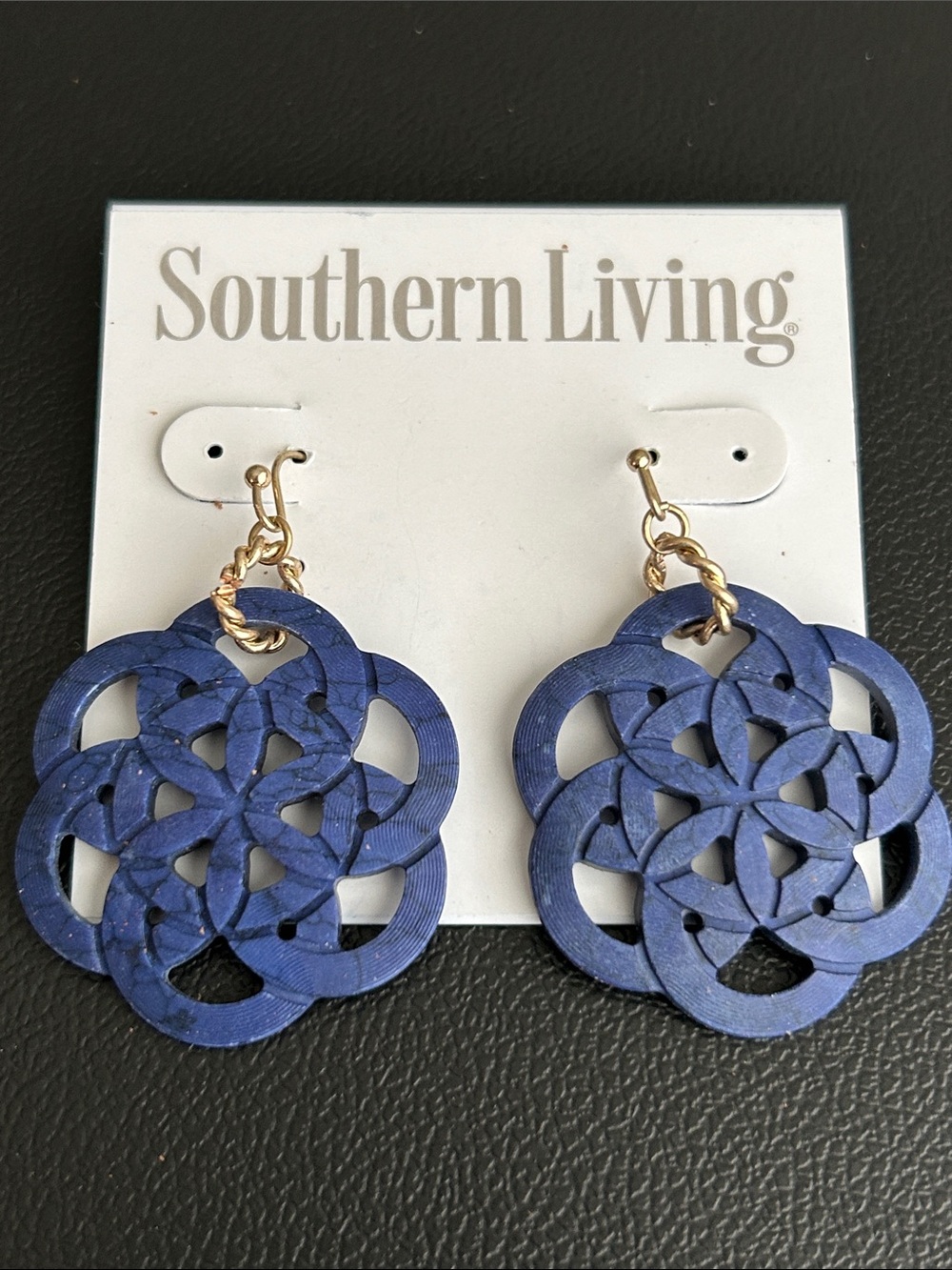 Southern Living Royal Blue Floral Cutout Drop Earrings with Gold Hooks